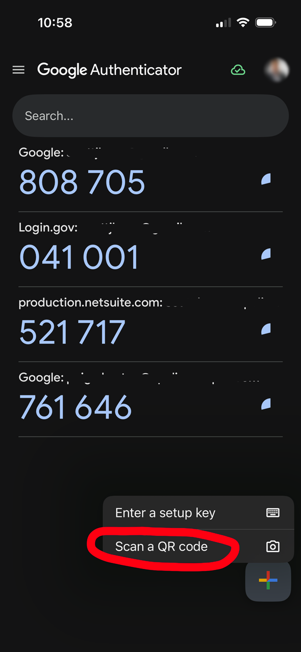 Google Authenticator scan QR code screen