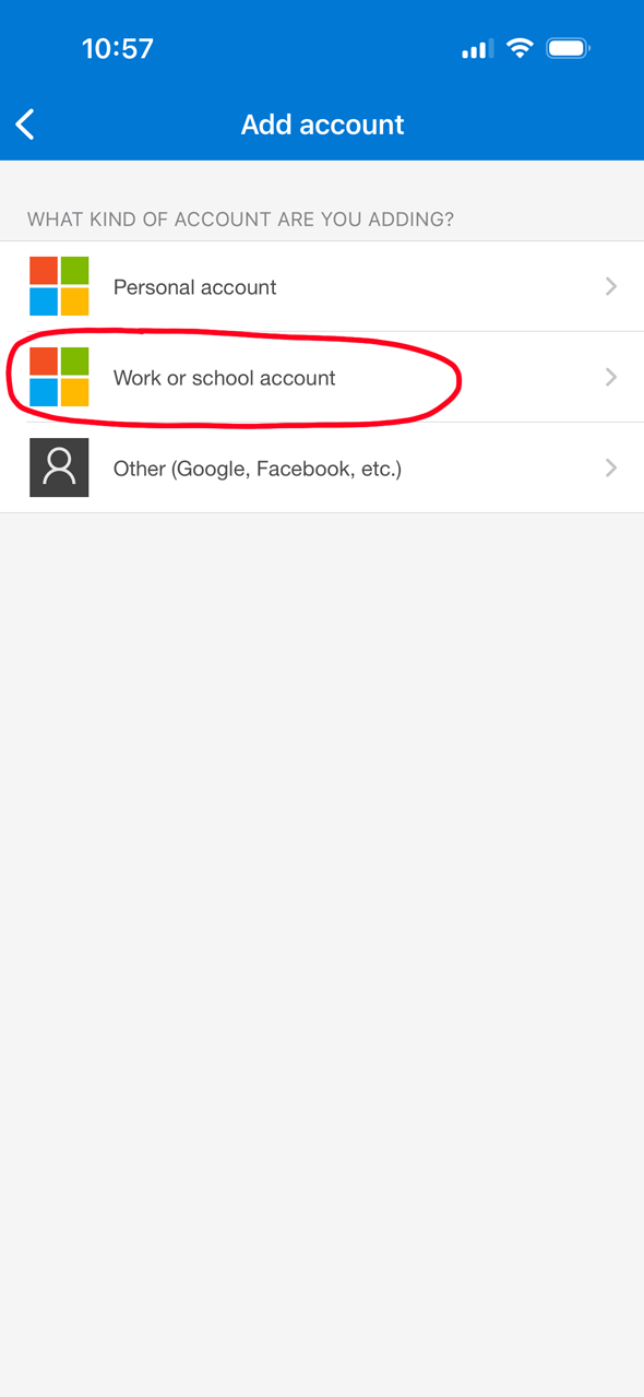 Microsoft Authenticator account type screen