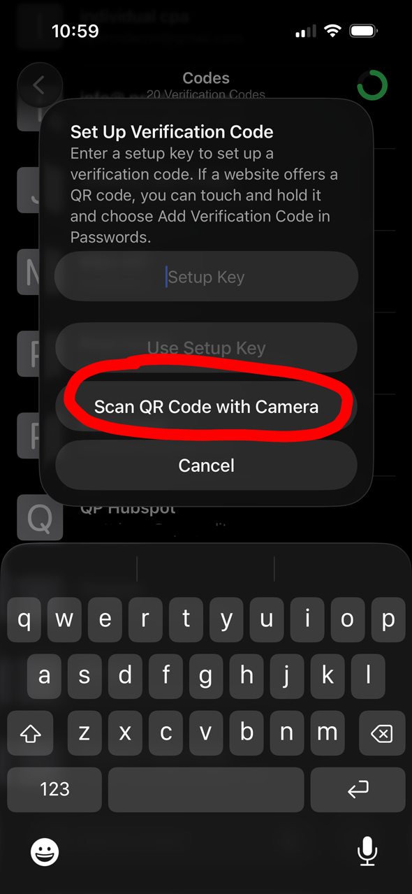 Apple Passwords scan QR code screen