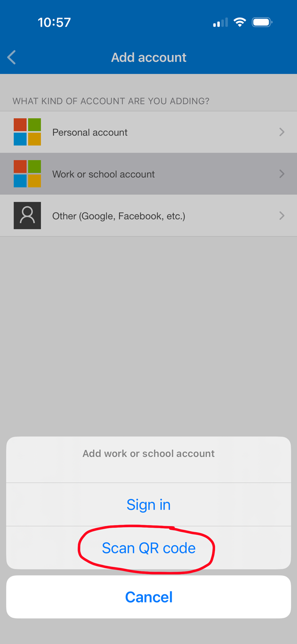 Microsoft Authenticator scan QR code screen